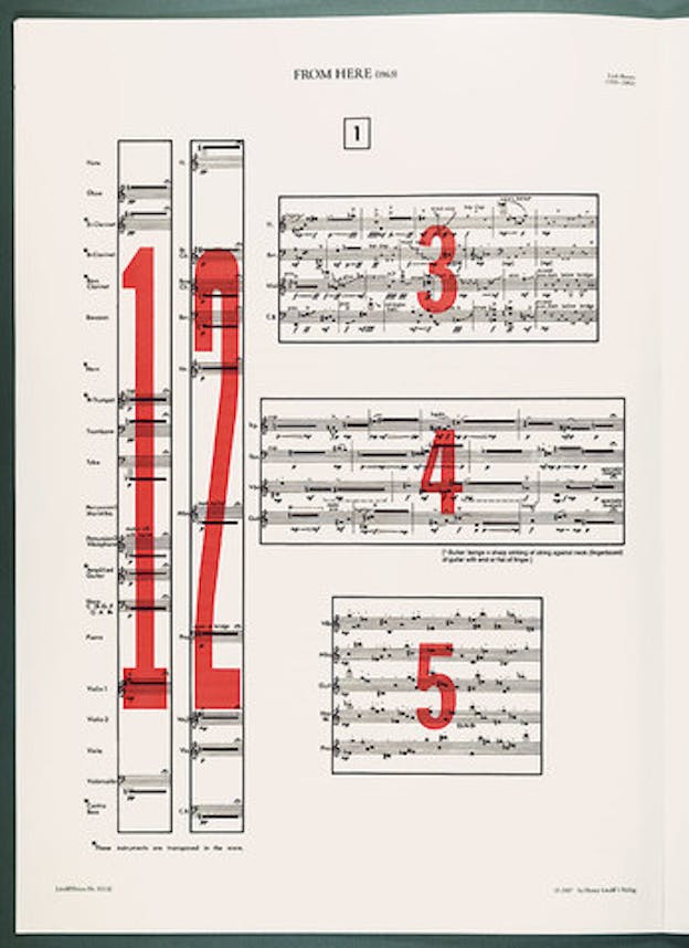 A musicial score with five sections. A large red number is overlayed upon each section. 