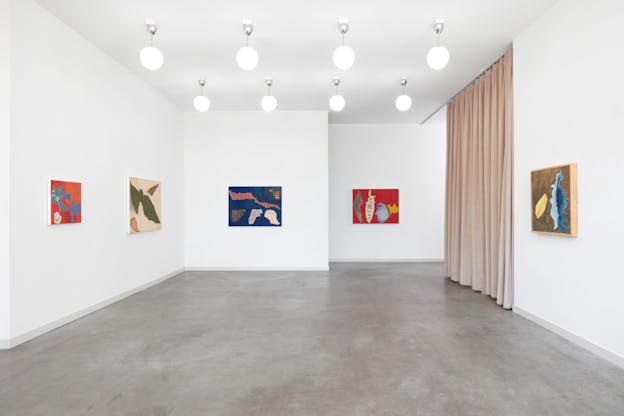 An installation view of five paintings by Cynthia Hawkins hanging in a gallery space with white walls and a cement floor. Two rows of globe lights hang from the ceiling and a beige curtain hangs in the back of the gallery space.
