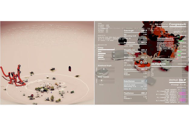 A digital illustration screen split in two. On the left side two concentric circles host small patches of flora and a red snakelike creature with multiple small black masks. On the right side is data readout showing bodily metrics.