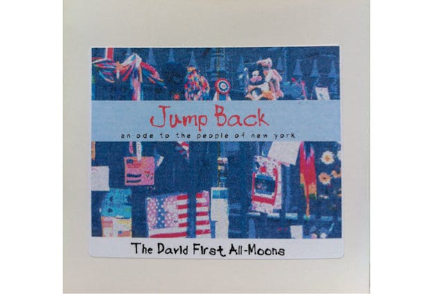A blue hued square with the faint image of buildings is superimposed with bright white and red images of flags and fabrics. A thin light blue rectangle in the center of the square contains the title: Jump Back, an ode to the people of new york. A thin white rectangle at the bottom of the square contains text which reads: 