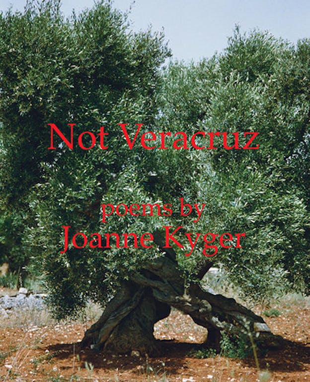 A book cover of two bulky trees with dense foliage crossing over each other to form an X shape. The ground soil is covered with wild grasses. The red text in the middle of the composition reads, 