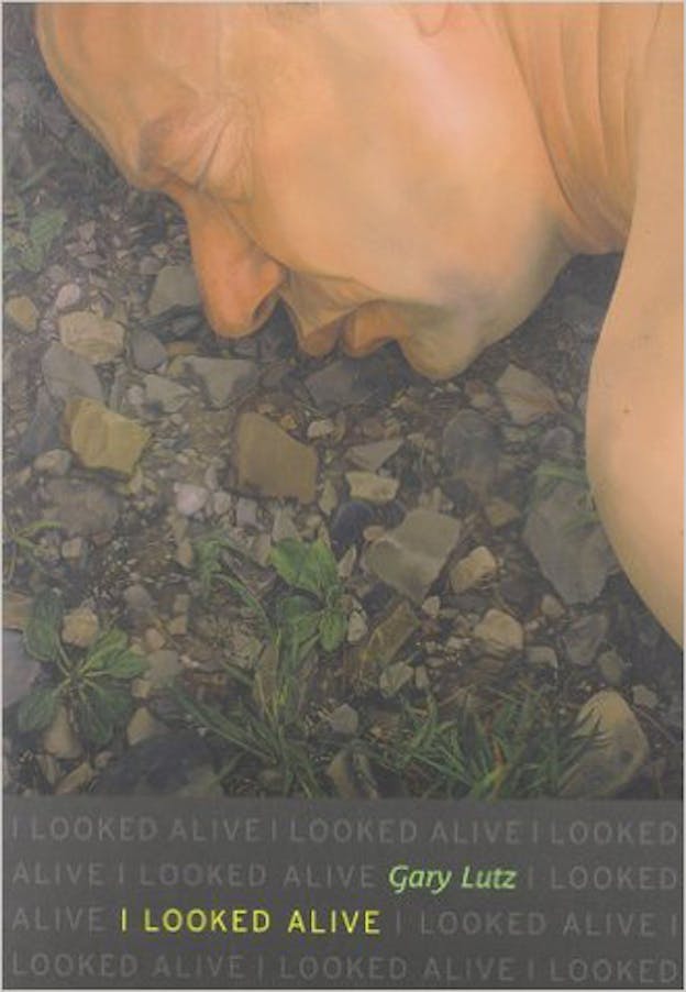 A book cover with a drawing of a person laying on a rocky floor closing their eyes. The bottom of the cover repeats the title numerous times in gray against a gray background. The title is written one time in green alongside the author's name. 