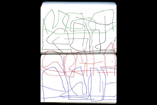 Red, black, green, and blue thin, scratch-like drawings mark illegible words across two vertical white journal sheets.