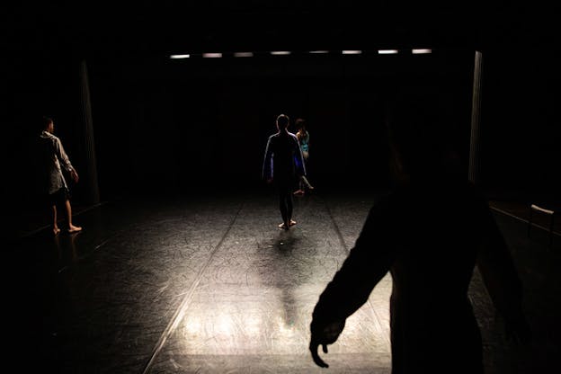 Performers stand on a dim lighted stage with their back towards the viewer. The silhouette of an extended hand can be seen on the right side of the image closest to the viewer.