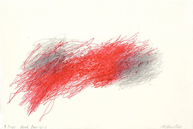 Cluster of cherry red scribbles and on the upper left and right side, light gray scribbles on cream-colored paper with 