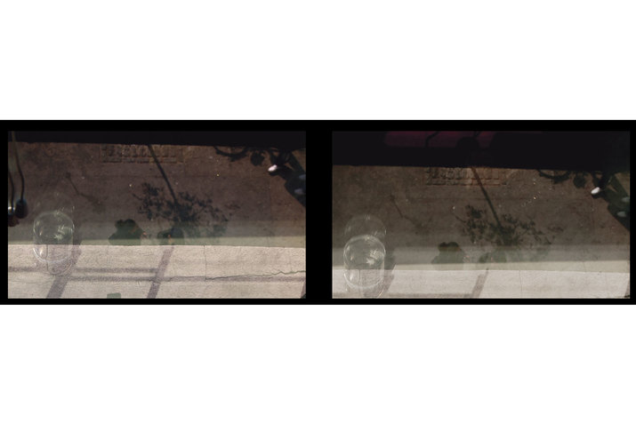A video still of two images, side by side, with a black border. Each image depicts a blurry glass on the edge of a stone ledge. Beneath the ledge, two people and the reflection of a tree are visible. On the top of each image is a dark rectangular shadow. The difference between the two images is their angle and the image on the left depicts more of the stone ledge while the image on the right depicts more of the shadow, including a reflected magenta element.