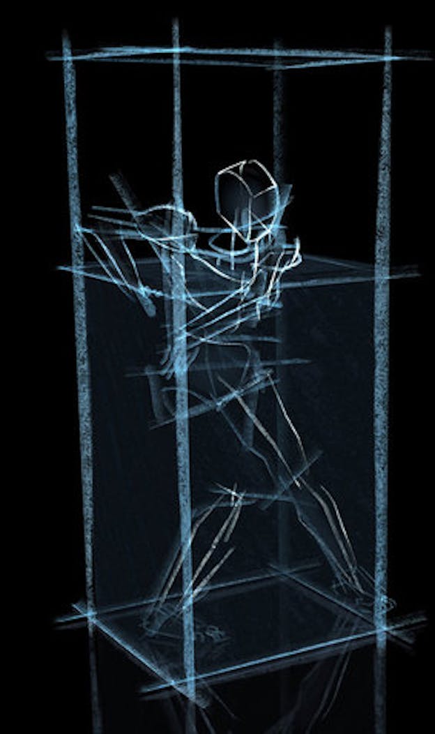 A light blue sketch of a human figure leaning forward within a rectangular box is projected onto an otherwise black space.