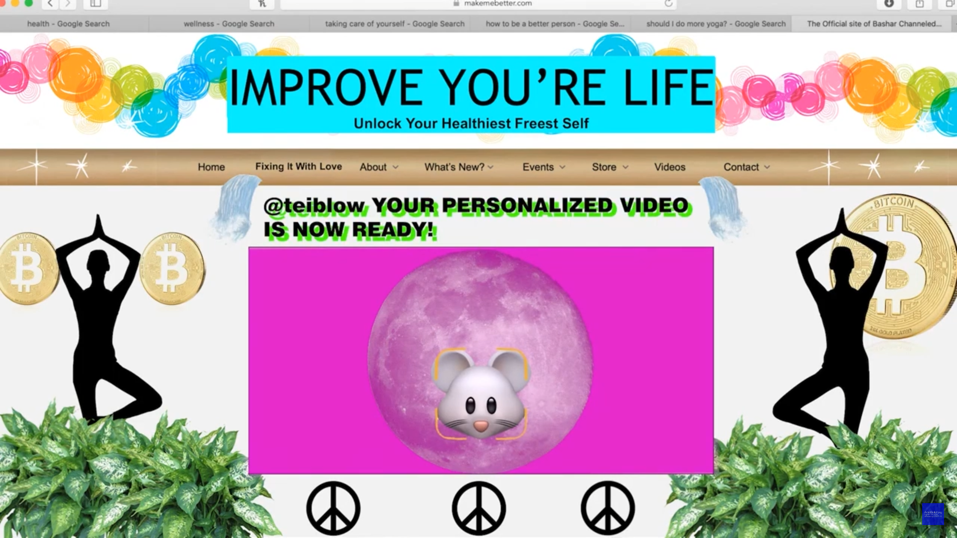A screenshot of a computer browser window shows the website of a fictionalized wellness influencer with the URL 