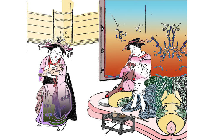 A colored line drawing of two ladies and one man dressed in traditional Japanese wear. On the right, the man lies on his stomach and rests his cheeks on his hands. One lady sits behind him and supports her chin with her left hand. They both look towards the other lady on the left who carries a couple of amputated partial arms. In the background, there are two Japanese folding screens, one in beige color and the other in a gradient color toned with blue, yellow, and red.