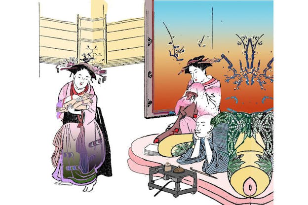 A colored line drawing of two ladies and one man dressed in traditional Japanese wear. On the right, the man lies on his stomach and rests his cheeks on his hands. One lady sits behind him and supports her chin with her left hand. They both look towards the other lady on the left who carries a couple of amputated partial arms. In the background, there are two Japanese folding screens, one in beige color and the other in a gradient color toned with blue, yellow, and red.