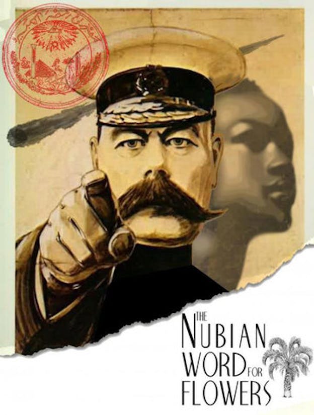 Poster image of a mustachiod military general pointing their finger collaged in front of a face angled in profile. In the lower right corner where the poster is torn is written in black lettering on white: 