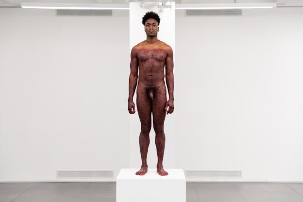 A performance still of Carlos Martiel nude, standing, faced forwards on a white block in the middle of a white gallery space. From his shoulders down, his body is tinted darker with splattered, dripping blood. 
