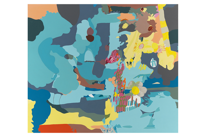 Abstract painting with blots of blots of blue and swipes of yellow host forms representing flowers.