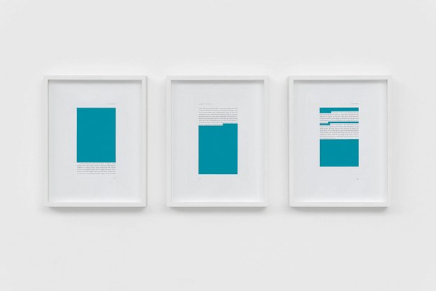Three framed texts on a wall are partly blacked out with a blue color.