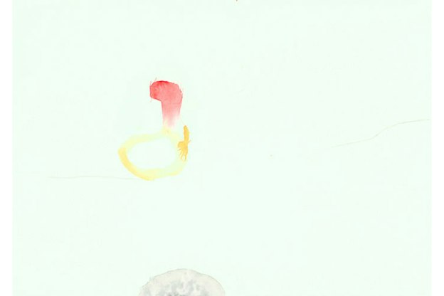 A watercolor image of an abstract shape in yellow and pink  situated within a light blue background. A small grey semi-circle is on the bottom of the page.