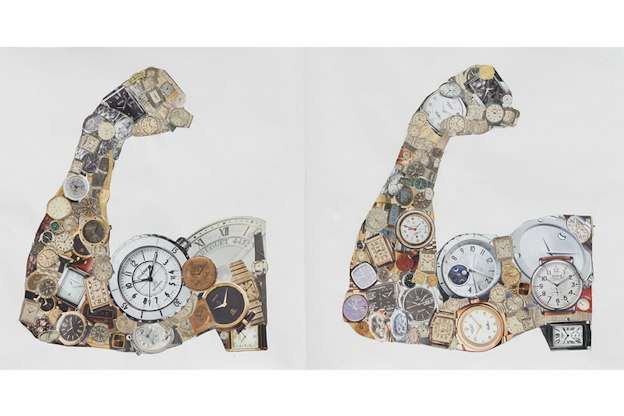 Two images side by side depicting flexing biceps consisting of collaged round clocks.