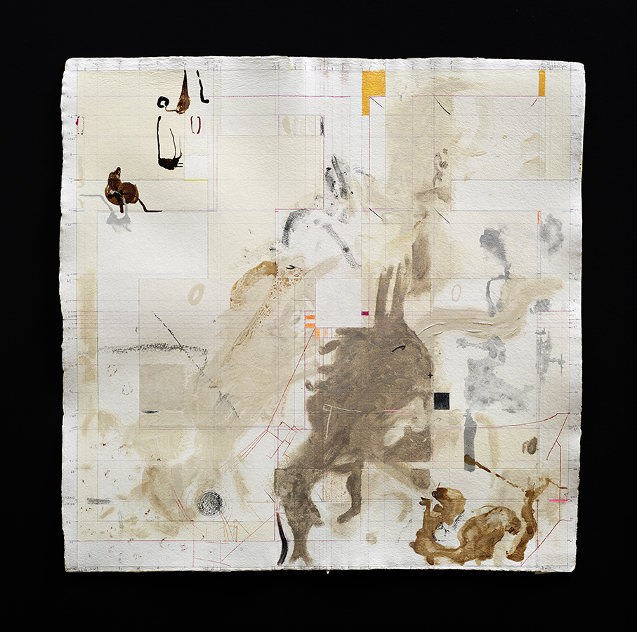 An abstract artwork with a pencil drawn partial graph with two small yellow shapes in the upper right corner and a few small abstract shapes in dark brown in the upper right. In the lower right, there is a large abstract shape of medium gray and a smaller abstract shape of brown. 