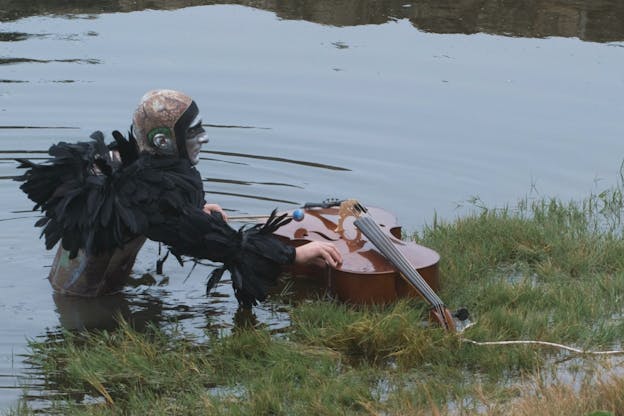 A performer stands waist deep in a natural water source, with some aquatic grass around them. They wear a costume with a torso and helment made of brushed and slightly rusted steel, and sleeves of black feathers. Their face is painted metallic silver with a stripe of black across their eyes. They push a cello through the water and the grass. 
