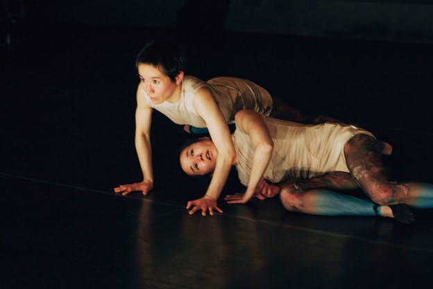 A performance still of two performers on a black floor. They both wear white leotards and colorful patterned tights. One performer is in a plank position and looks intently forward, protecting the other performer who is curled beneath them. 