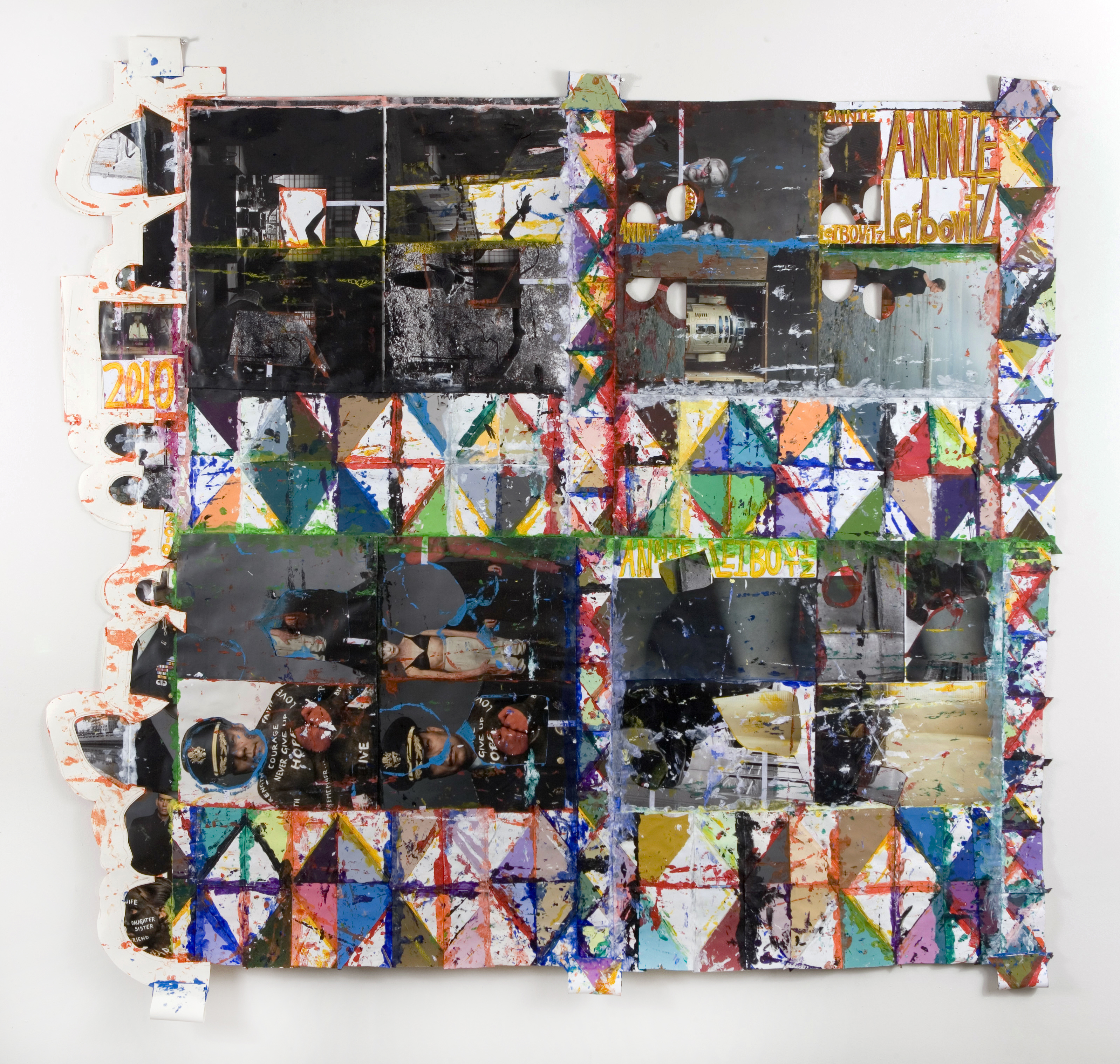 Images collaged with text and multicolored triangles on paper.