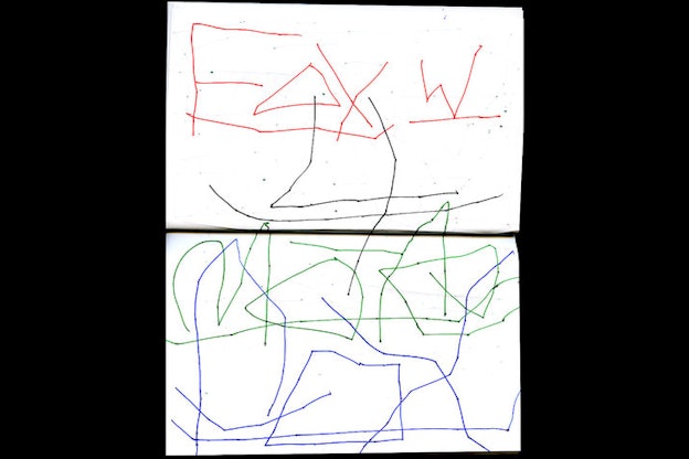 Red, black, green, and blue thin, scratch-like drawings mark illegible words across two vertical white journal sheets.