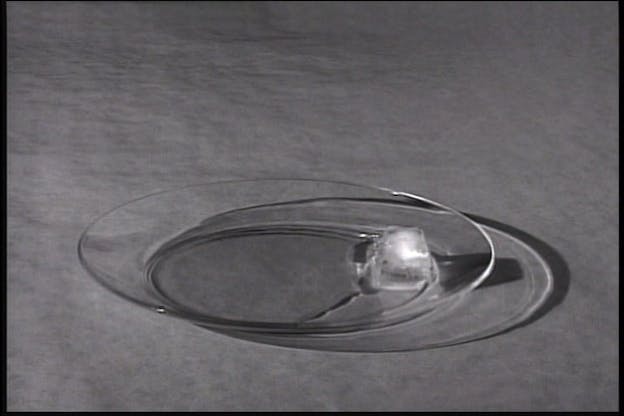 Black and white photograph of ice cube in a small circular glass tray. The ice cube on the right of the transparent glass tray has melted, creating a puddle of whatever to the left side.