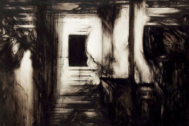 Abstract painting evoking a doorway in a room with soot gray and white brush strokes. 