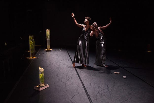 Two performers dressed in long silver gowns lean on each other's back, each of their hands extended upwards. Surrounding them are small pebbles and to their left three glass vases with white flowers inside.