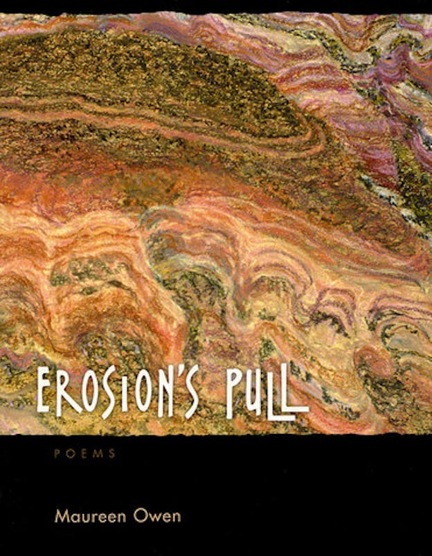 A book cover split horizontally into two sections. On the larger section on top, there is a geological marbled pattern in orange, brown, gold, and pink. On the bottom left of this pattern, the title of the book is written in white font. The lower horizontal section is entirely black with 