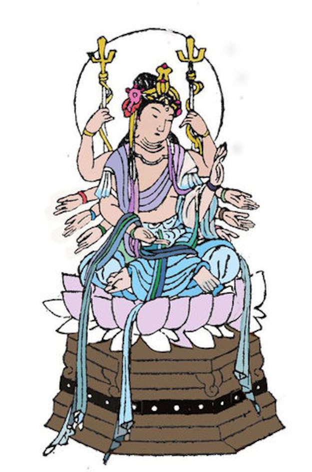 A colored line drawing of a Japanese buddhist deity with ten hands against a white background. They sit cross-legged on a white and lavender color lotus set on top of a black and brown pedestal.
