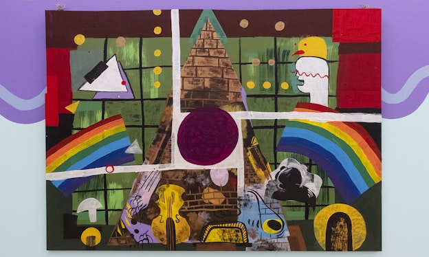 An abstract painting with two rainbows, a brick pyramid, a violin, and assorted colorful shapes mounted on a purple and blue wall.