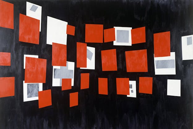 Cinnabar red squares and rectangles floating beside and atop white squares with light gray shapes against gray-streaked black brush strokes. 
