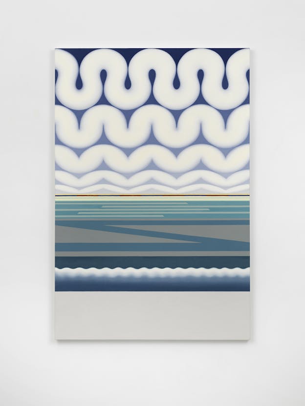 An oil painting of various abstract bicolor patterns stacked upon one another to make horizontal sections. The top half of the painting is a pattern of thick white squiggles on top of a blue gradient. The bottom half of the painting is split into a handfull of additional patterns in mostly blue, aqua, grey, and white. The bottom sixth of the painting is a solid light grey block.