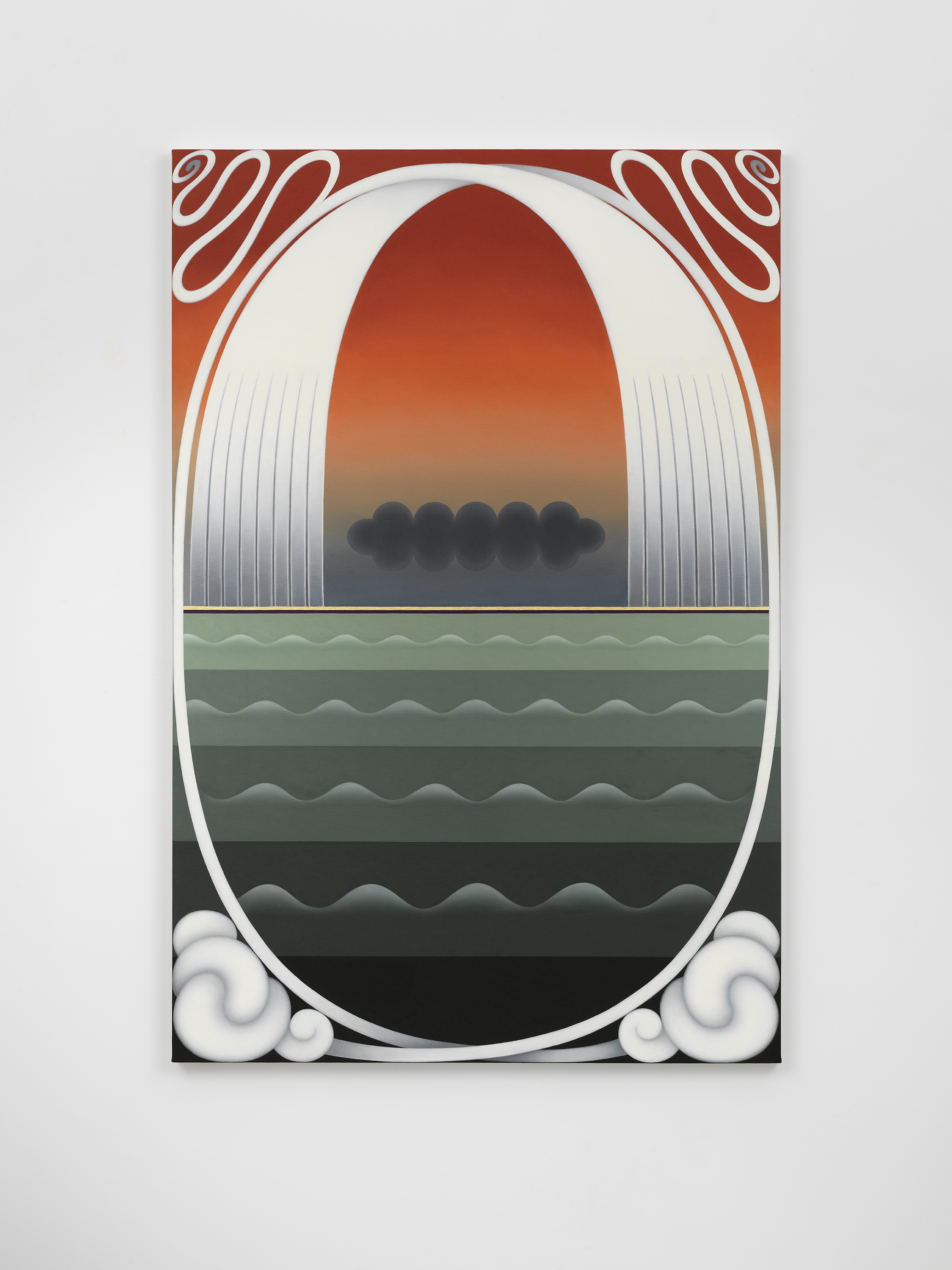 A bilaterally symmetrical abstract oil painting in primarily orange, white, and green. Above a thin yellow horizontal midline, a thick white band resembling a ribbon forms an arch. The background of this upper half is a vertical gradient that transitions from red and orange to blue, ending with gray. The bottom half is a striped wave motif in green. Thin white lines on the bottom half complete the white arc on the top into the outline of an oval. 