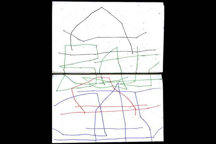 Red, black, green, and blue thin, scratch-like drawings mark illegible words across two vertical white journal sheets. 