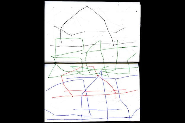 Red, black, green, and blue thin, scratch-like drawings mark illegible words across two vertical white journal sheets. 