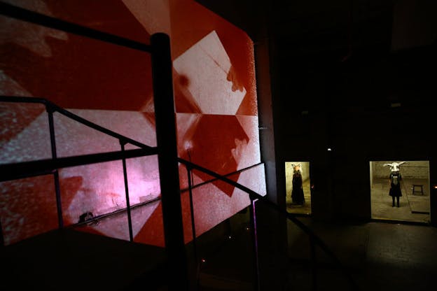 In a black-lit space varying shades of red geometric shapes are projected on a wall beside a railing descending towards two dimly lit rooms in which two figures wearing animal head masks stand. 