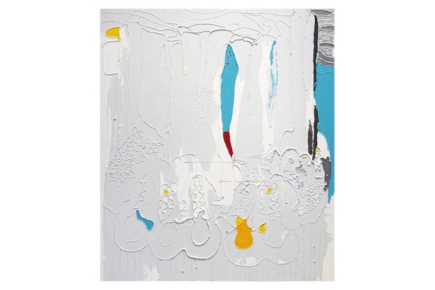 Abstract painting of a textured white backrgound hosts patches of yellow, blue and red paint.