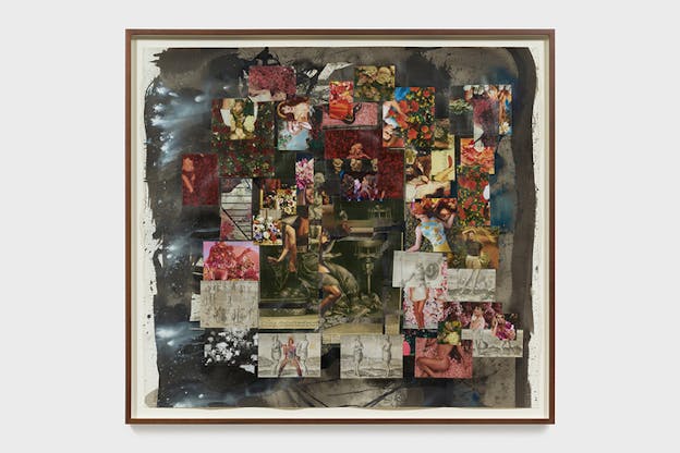 A collage depicting in its center a kneeling figure with wings. Splashes of red and blue are found on the top while the bottom holds small figure cut outs.