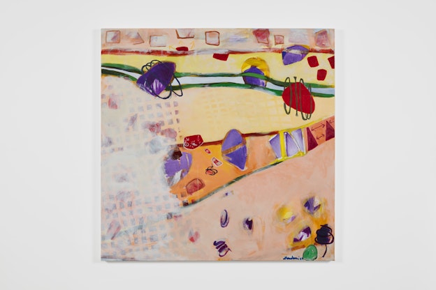 A whimsical array of red and purple abstract, organic shapes painted on fields of peach and pale yellow divided by painted gaps. A grid is slightly visible under a cloud of white on the left side of the painting.