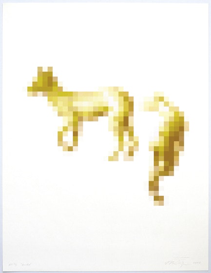 Image of a pixelated yellow fox against a white background.