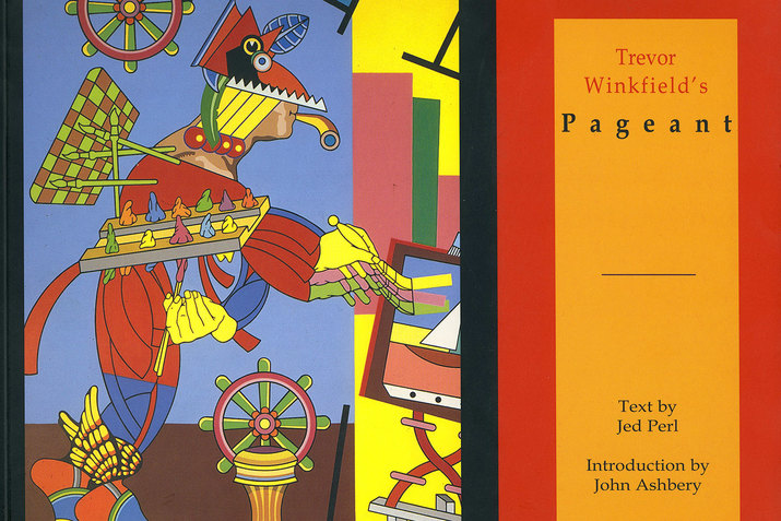 Book cover with a collage of a cartoonish character surrounded by different objects in solid colors of red, blue, green and yellow to its left. On its right on a red background with an orange square the title of the book 