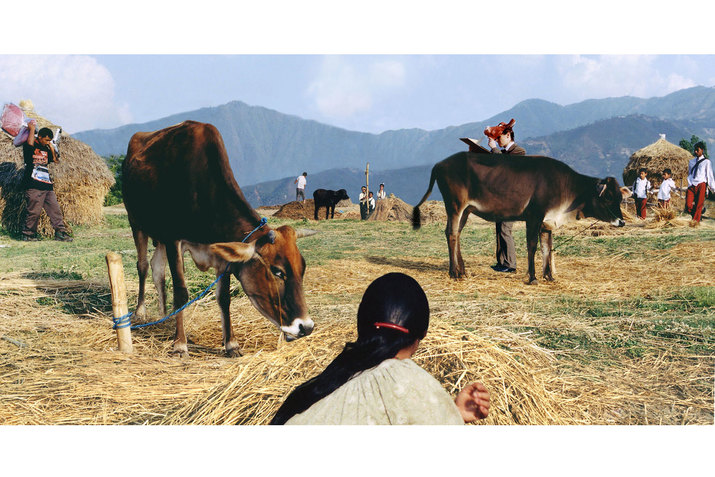 In the foreground, one person sits on the ground facing away from the camera. Behind them are piles of hay stack, cows, and people working and farming. There are mountain ranges in the background. 