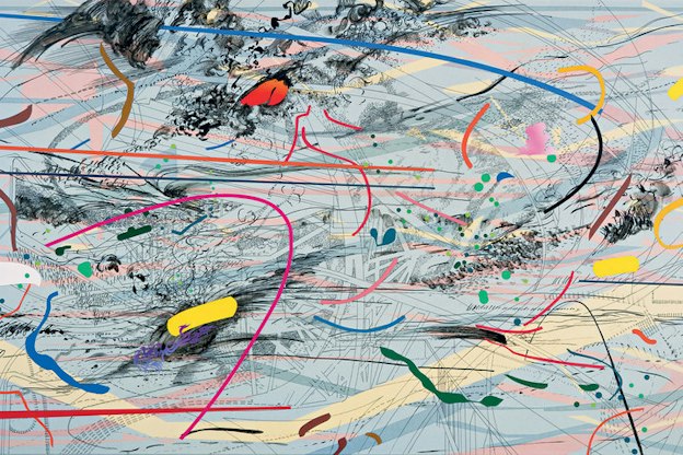 A variety of multi-colored lines interject a light blue background. Behind these lines, there are thin black lines and hatch marks. 