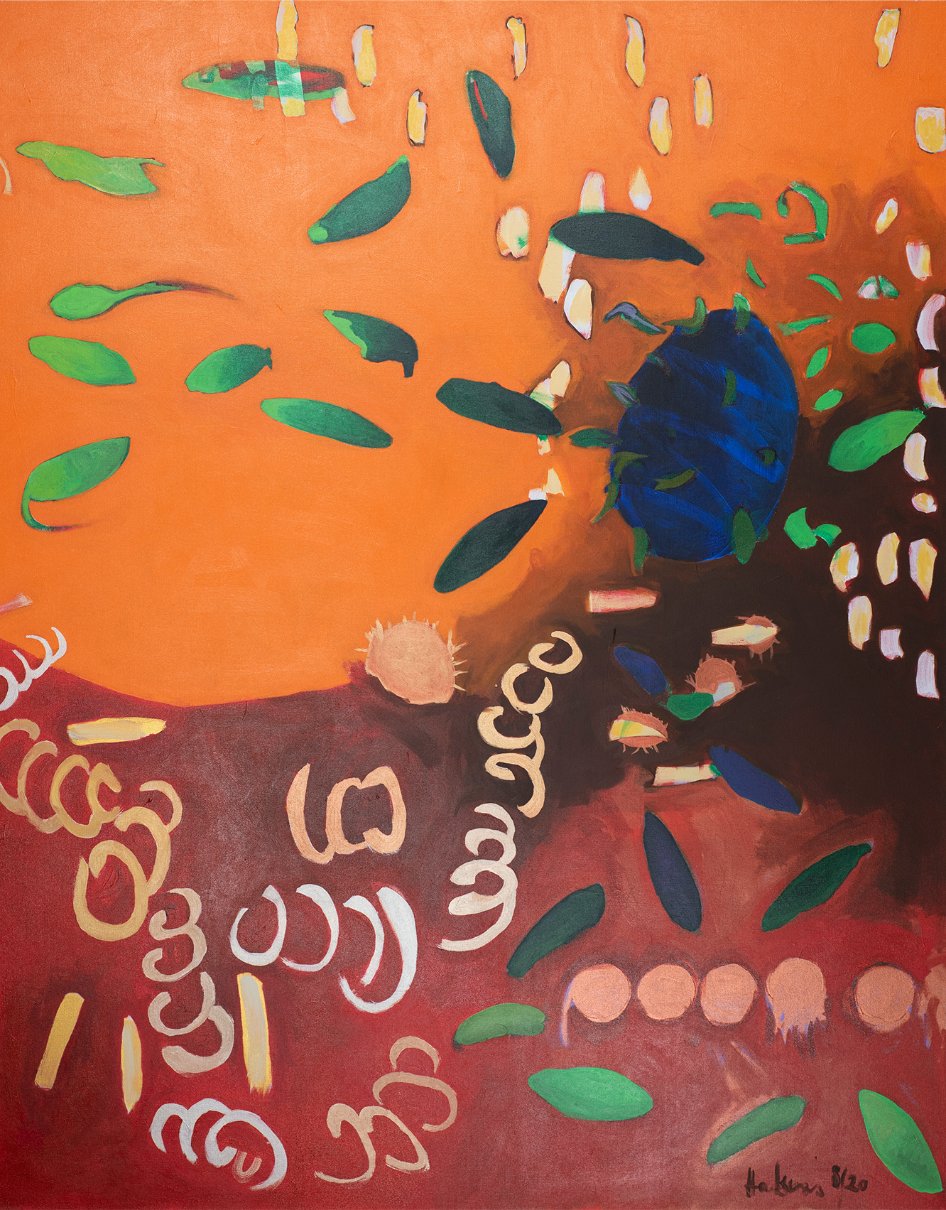 A painted orange and red background with accents of white, green, peach, blue, and yellow organic shapes.