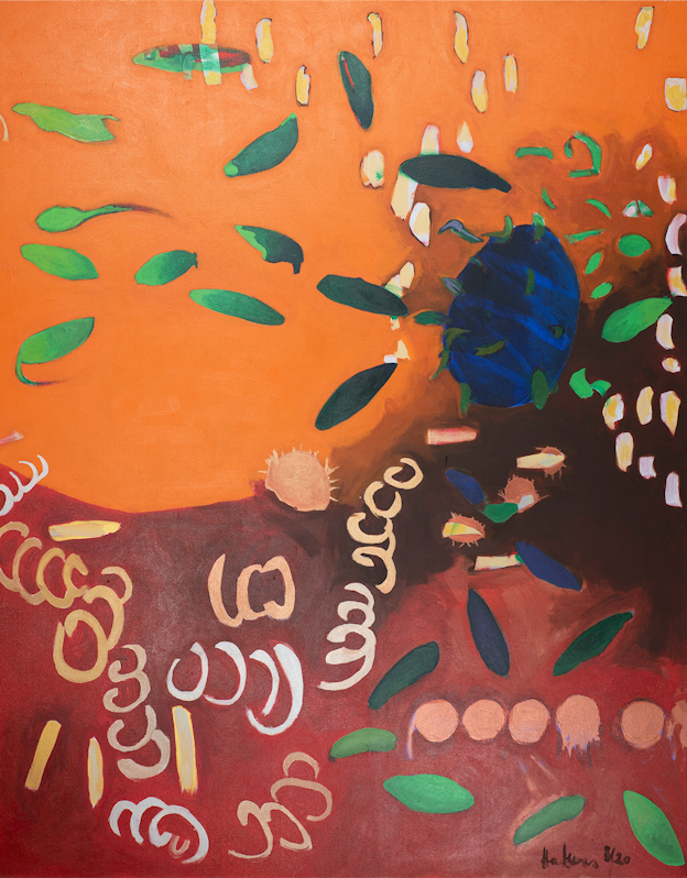 A painted orange and red background with accents of white, green, peach, blue, and yellow organic shapes.