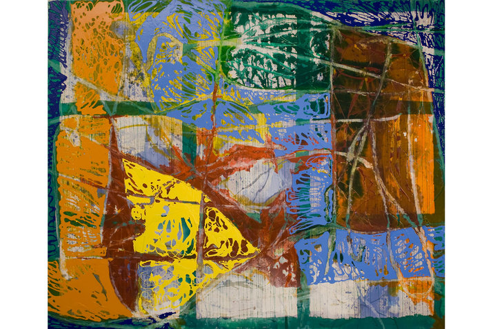 Rectangular shaped abstract artwork layering cornflower blue, apricot orange, daffodil yellow, brown, and deep blue paint with abstract stenciled shapes and smears. 