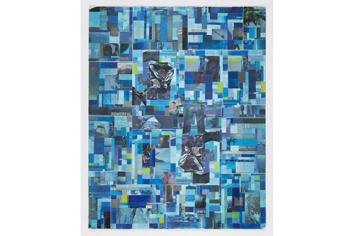 A collage of hues of blue and green rectangles and squares create a monochromatic image.