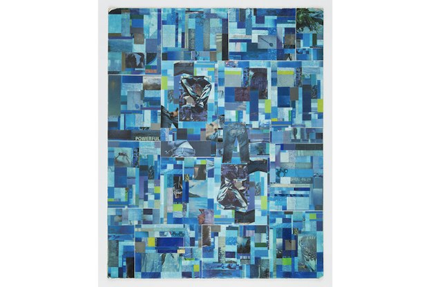 A collage of hues of blue and green rectangles and squares create a monochromatic image.