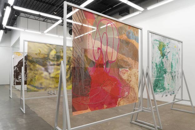 Abstract paintings in big transparent canvases varying with colors of red, green, yellow and black. They are supported by stands forming rows.